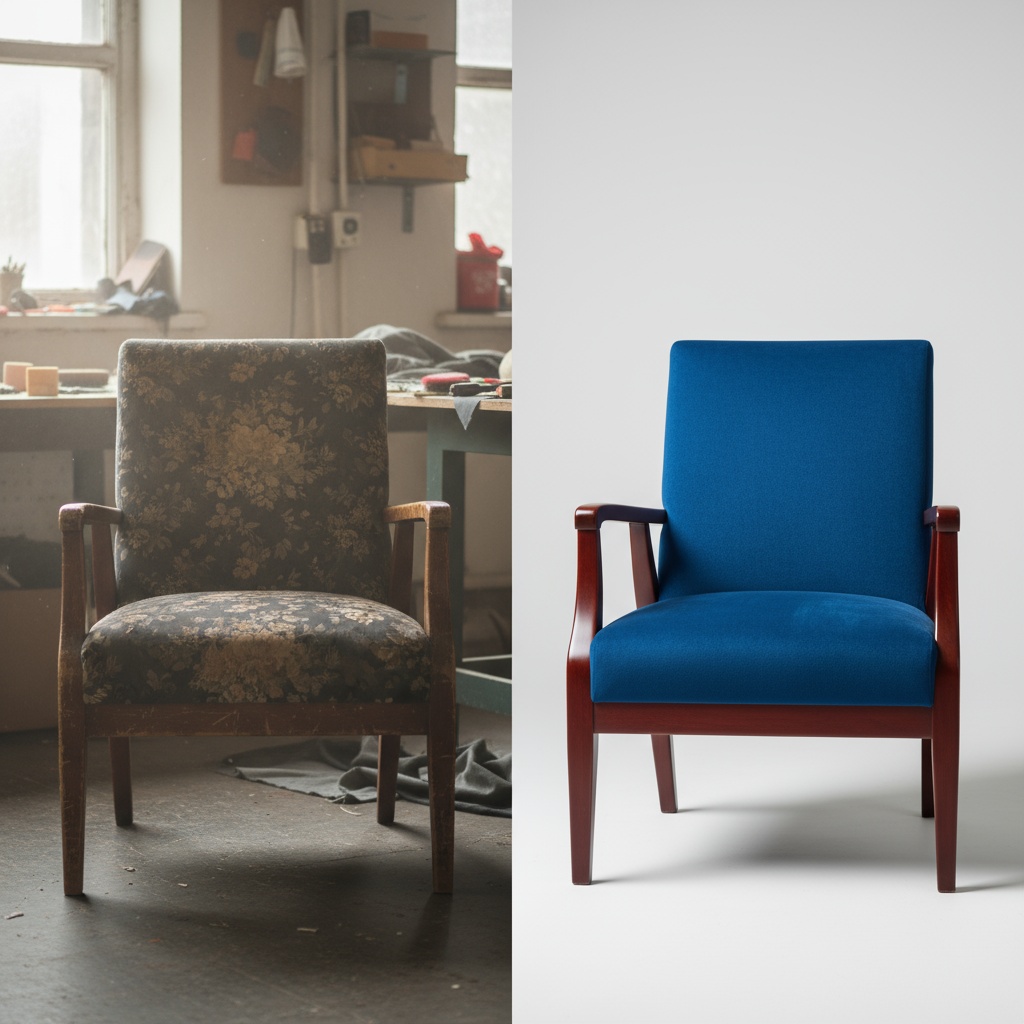 Перетяжка старого кресла новой синей обивкой премиум-класса