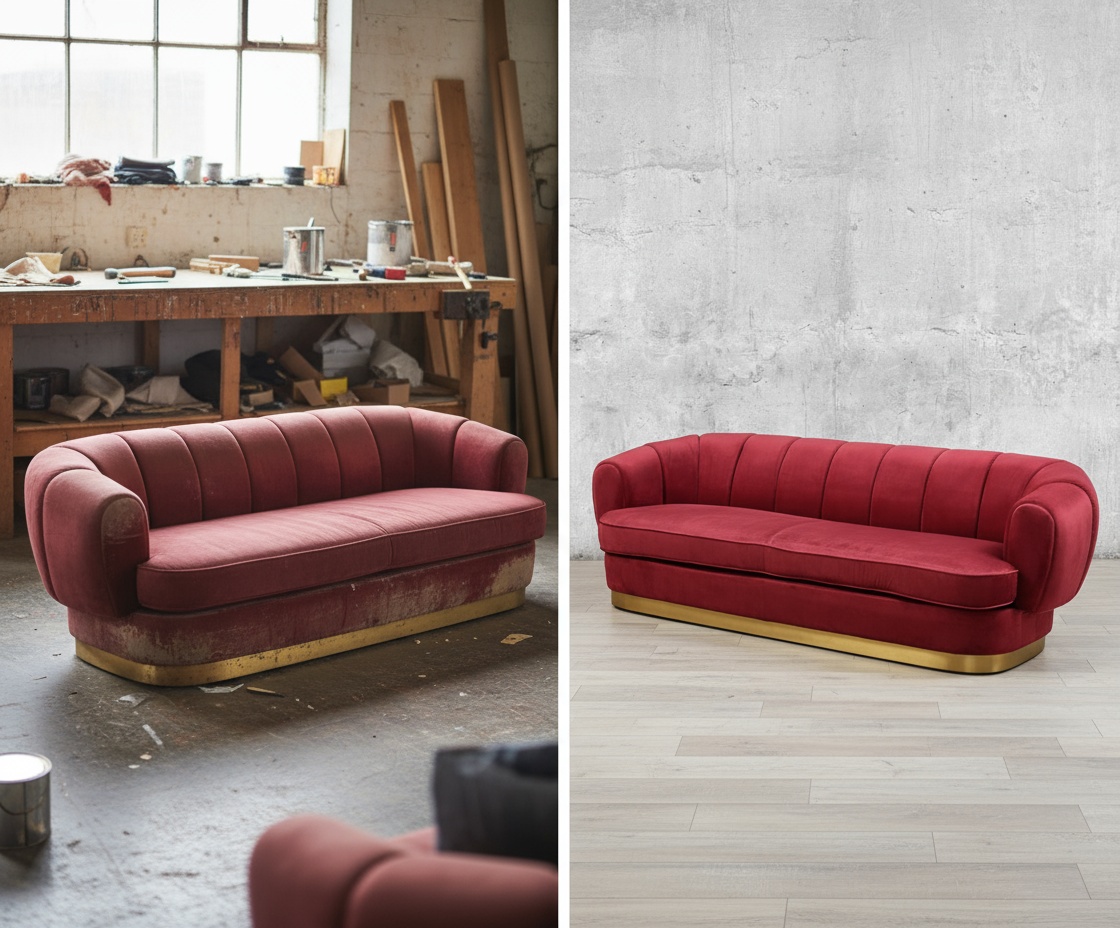 Реставрация винтажного дивана с золотыми деталями - до и после